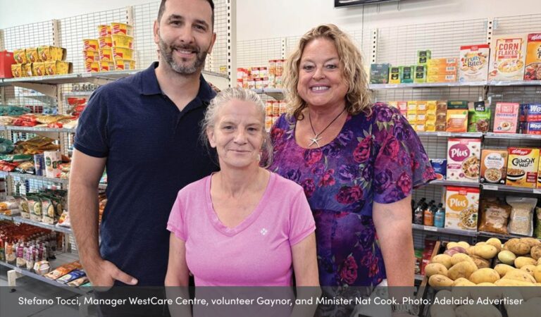 Stefano Tocci, Manager WestCare Centre, volunteer Gaynor, and Minister Nat Cook. Photo: Adelaide Advertiser
